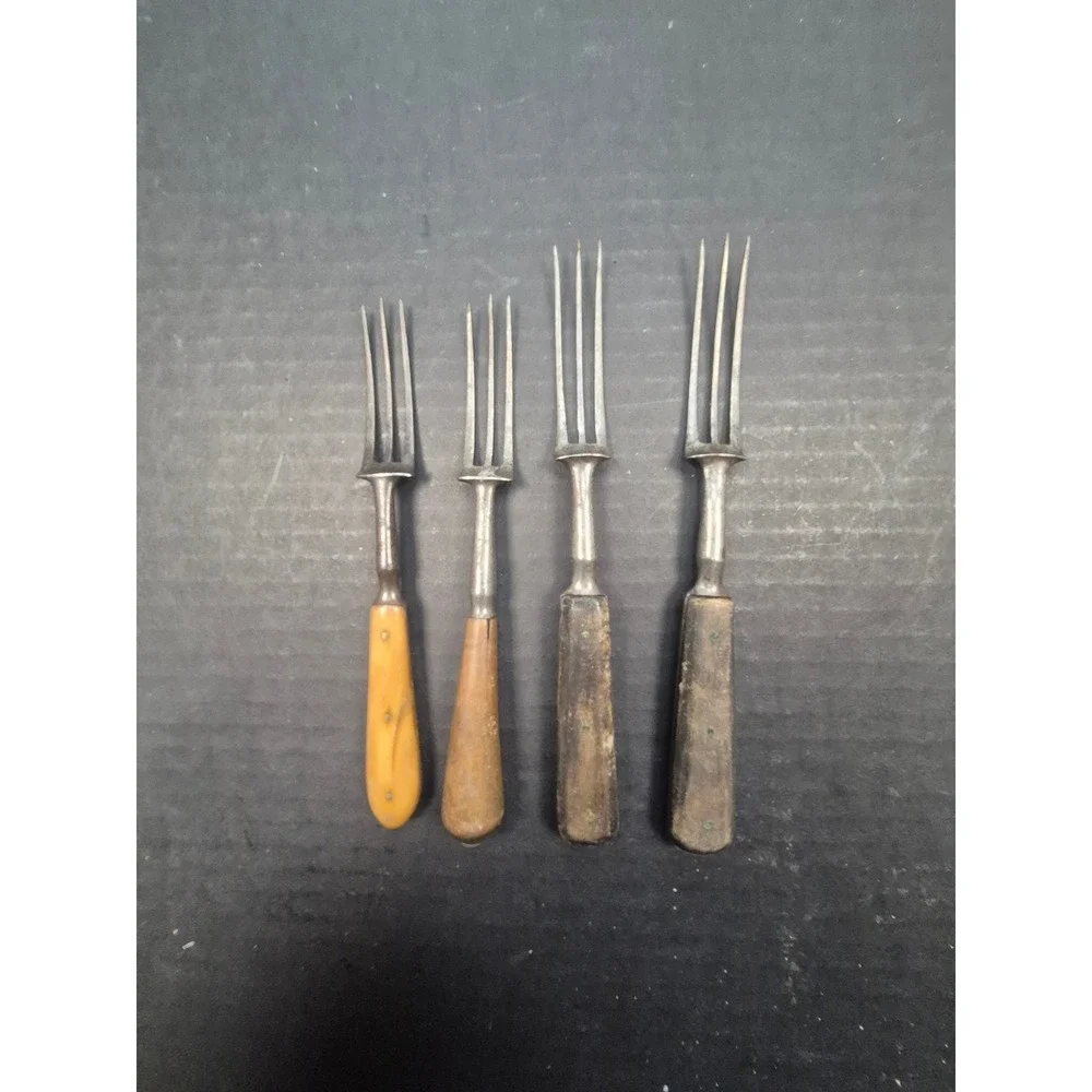 Antique 3 Tine Steel Forks Set of 4 Primitive Wood Bone Handle Rustic Flatware